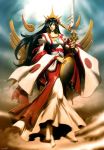  amaterasu_(mythology) barefoot black_hair detached_sleeves genzoman god goddess japanese_clothes japanese_mythology jewelry legs lips long_hair magatama mirror original sword sword_of_kusanagi weapon 