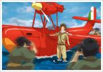  ahoge airplane axis_powers_hetalia belt black_hair border brown_hair camera flying_boat gloves goggles japan_(hetalia) ktsn macchi_m33 male northern_italy_(hetalia) ocean scarf uniform water 