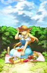 a_link_to_the_past barefoot blonde_hair blue_eyes canteen cloud clouds doll food fruit ganondorf hat highres link long_hair muse_(rainforest) onigiri plushy pointy_ears princess_zelda smile sun_hat the_legend_of_zelda 
