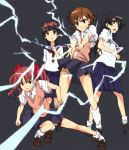  black_hair brown_hair electricity head_wreath kumosuke loose_socks misaka_mikoto multiple_girls saten_ruiko school_uniform shirai_kuroko short_hair socks sweater_vest thigh_strap to_aru_kagaku_no_railgun to_aru_majutsu_no_index twintails uiharu_kazari 