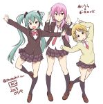  2013 3girls aiura artist_name blonde_hair bowtie brown_eyes copyright_name dated green_eyes green_hair hatsune_miku headset kagamine_rin kit_(studio) loafers long_hair megurine_luka multiple_girls open_mouth outstretched_arms parody pink_eyes pink_hair school_uniform shoes short_hair skirt spread_arms twintails very_long_hair vocaloid white_background 