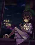  animal_ears bad_id barefoot brown_eyes brown_hair cat_ears cat_tail chen earrings fireworks hat hidebo incense jewelry katori_buta lighter multiple_tails night nightgown short_hair tail touhou 