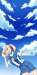  artist_request bad_id blonde_hair choker cloud clouds cyneria freckles hair_ribbon highres hujiya idolmaster open_mouth red_eyes ribbon salute short_twintails sky solo source_request suzuki_ayane twintails wink 
