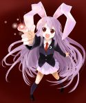  &gt;:) &gt;:d animal_ears blazer bunny_ears from_above long_hair necktie open_mouth pointing pointing_at_viewer purple_hair rabbit_ears red_eyes reisen_udongein_inaba smile solo touhou wara wara_(warapro) 