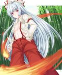  arcadia090 bad_id bamboo bamboo_forest bow fire forest fujiwara_no_mokou hair_bow hair_ribbon highres long_hair nature no_bra open_clothes open_shirt red_eyes ribbon shirt silver_hair solo suspenders touhou 