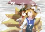  chen piggyback snow surcoat touhou umbrella winter yakumo_ran 