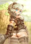  2009 armor artist_name ass blue_eyes breasts club colossus dated eyebrows facial_mark from_below fur genderswap giantess gloves grey_hair horns looking_back muscle panties personification shadow_of_the_colossus shigatake solo thigh-highs thighhighs underwear valus weapon 