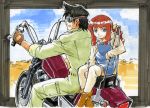  blue_eyes brown_hair coyote_ragtime_show fingerless_gloves franca_dochley gloves goggles gorigo highres katana_(coyote_ragtime_show) male motor_vehicle motorcycle overalls thigh-highs thighhighs traditional_media vehicle 