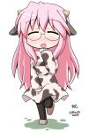  blush closed_eyes cow_costume cow_print glasses happy horns long_hair lucky_star nekotoufu pantyhose pink_hair takara_miyuki 