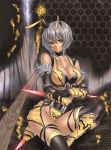  antenna bee_girl breasts cleavage highres honeycomb_background houtengeki insect_wings large_breasts original short_hair silver_hair solo thigh-highs thighhighs wings yellow_eyes 