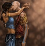  1girl aang avatar:_the_last_airbender avatar_the_last_airbender bald bare_shoulders black_hair brown_hair closed_eyes couple dark_skin directional_arrow duo facial_mark female hug katara kiss long_hair male midriff nickelodeon nylak realistic tattoo 