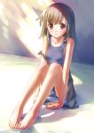  barefoot feet flat_chest foreshortening hands legs loli monogatari_(series) one-piece_swimsuit school_swimsuit sengoku_nadeko skirt solo swimsuit swimsuit_under_clothes takoyaki_(roast) 