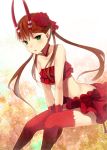  bad_id bare_shoulders brown_hair c_(control) c_the_money_of_soul_and_possibility_control flower frills green_eyes hair_flower hair_ornament horns jing_hu long_hair mashu mashu_(control) midriff navel pointy_ears red_rose rose sitting skirt solo thigh-highs thighhighs tubetop twintails zettai_ryouiki 