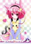  1girl cat_ears cat_tail crossover eyes hairband heart kemonomimi_mode komeiji_satori master_ball pikachu pink_hair poke_ball pokemon pokemon_(creature) red_eyes shichinose short_hair tail touhou 