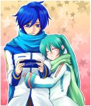  1boy 1girl akatsuki_tomoya aqua_hair blue_eyes blue_hair blush closed_eyes couple hatsune_miku hetero hug kaito long_hair playstation_portable psp scarf sleeping smile twintails very_long_hair vocaloid 