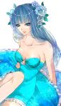  bare_shoulders blue_eyes blue_hair breasts cleavage dress flower hair_flower hair_ornament kudo_raichi long_hair o-ring_top original raichi_(quatsch) solo 
