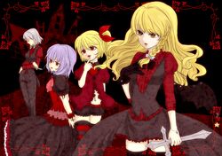  blonde_hair braid flandre_scarlet izayoi_sakuya kirisame_marisa knife lavender_hair long_hair nire_(artist) ponytail red_eyes remilia_scarlet short_hair side_ponytail silver_hair thighhighs touhou twin_braids vampire wings yellow_eyes 