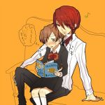  1girl bad_id blush book bow brown_hair couple female_protagonist_(persona_3) genderswap hair_ornament hairclip kirijou_mitsuru lowres persona persona_3 persona_3_portable red_eyes red_hair redhead school_uniform short_hair skirt ws_(pixiv) 