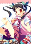  bag bakemonogatari black_hair blush child chocolate cookie fang food hachikuji_mayoi happy long_hair meito_(maze) monogatari_(series) panties pantyshot pocky red_eyes school_uniform skin_fang skirt solo twintails underwear 