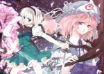  blue_eyes ghost hairband hat katana kojoz konpaku_youmu konpaku_youmu_(ghost) myon pink_hair saigyouji_yuyuko short_hair silver_hair sword touhou weapon 