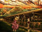  black_hair blonde_hair bridge cloud clouds dress dusk hat kyoto looking_back maribel_hearn mountain multiple_girls real_world_location red_sky reflection river scenery short_hair togetsukyou_bridge tokoroten_(hmmuk) touhou usami_renko wading water yellow_eyes 