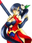  bare_shoulders black_hair blazblue blush breasts chinadress cleavage glasses japanese_clothes large_breasts litchi_faye_ling long_hair panda solo staff violet_eyes weapon 