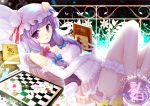  book card chess frills hat kana1104 long_hair lying lying_card patchouli_knowledge purple_eyes purple_hair solo teramoto_kaoru touhou violet_eyes 