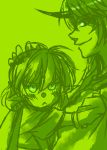  :&lt; blush green green_background horn horns hoshiguma_yuugi hug mizuhashi_parsee monochrome multiple_girls rex_k simple_background smile touhou 