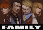  blazer blonde_hair blunt_bangs brown_eyes brown_hair column_lineup hair_bun highres hime_cut lips male necktie orange_hair paku realistic serious short_hair siblings smile umineko_no_naku_koro_ni ushiromiya_eva ushiromiya_krauss ushiromiya_rosa ushiromiya_rudolf 