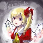  1girl artist_name ascot blonde_hair bow bust character_name dated flandre_scarlet gradient gradient_background hair_bow kaze_(cherry830525) looking_away no_hat no_headwear open_mouth puffy_short_sleeves puffy_sleeves red_eyes short_hair short_sleeves side_ponytail solo touhou vest wings 