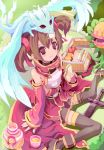  1girl breastplate brown_hair dragon dragon_on_head eating fingerless_gloves gloves picnic pina_(sao) plant red_eyes rudorufu sandwich silica sword sword_art_online thigh-highs twintails weapon 