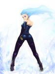 1girl alternate_costume back bare_shoulders belt blue_hair breasts elbow_gloves gloves highres johan_(johan13) king_of_fighters kula_diamond long_hair looking_back red_eyes solo thigh-highs wind 