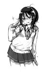  1girl :p glasses monochrome original ponytail skirt sleeves_past_wrists solo tongue tongue_out 