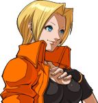  1girl blonde_hair blue_eyes blue_mary breasts bust cleavage cropped_jacket fatal_fury fatal_fury_special fingerless_gloves gloves large_breasts lowres official_art short_hair snk solo sports_bra 