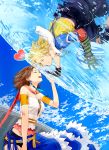  1boy 1girl blonde_hair blue_eyes brown_hair closed_eyes final_fantasy final_fantasy_x final_fantasy_x-2 gloves grin habuki jewelry necklace smile tidus water yuna 