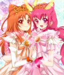  2girls choker cure_happy cure_sunny earrings hino_akane holding_hands hoshizora_miyuki jewelry long_hair magical_girl multiple_girls open_mouth orange_eyes orange_hair pink_hair precure princess_form_(smile_precure!) ribbon sikuhima smile smile_precure! tiara twintails 