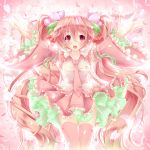  1girl akairo_no_mako cherry detached_sleeves food fruit hatsune_miku highres long_hair necktie open_mouth outstretched_arms petals pink_eyes pink_hair sakura_miku skirt solo thigh-highs twintails very_long_hair vocaloid 
