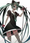  1girl dress garter_straps gloves green_eyes green_hair hatsune_miku koyaya long_hair microphone microphone_stand necktie open_mouth solo thigh-highs twintails very_long_hair vocaloid white_background 