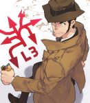  1boy black_hair cigarette dress_shirt hat juice_box lupin_iii necktie shirt sideburns smoking solo toujou_sakana trench_coat zenigata_kouichi 