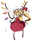 1girl arms_up ascot blush bobby_socks fang flandre_scarlet hat hat_ribbon head_tilt long_hair mary_janes open_mouth outstretched_arms outstretched_hand red_eyes ribbon shoes side_ponytail simple_background skirt skirt_set smile socks solo takatsuki_ichi touhou white_background white_legwear wings 