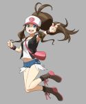  1girl bag baseball_cap blue_eyes boots brown_hair cross-laced_footwear denim denim_shorts grey_background hat highres jinteitei long_hair midriff navel open_mouth poke_ball pokemon pokemon_(game) pokemon_bw ponytail shorts simple_background smile solo touko_(pokemon) 