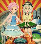  2girls alternate_costume autumn bare_shoulders casual clothes_writing green_eyes green_hair hairband hat komeiji_koishi komeiji_satori multiple_girls orange-pengin pink_eyes pink_hair short_hair skirt touhou wavy_hair 