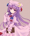  1girl adjusting_hair alicerabbit capelet crescent dress frown hair_ribbon hat heart long_hair patchouli_knowledge purple_hair ribbon solo touhou violet_eyes 
