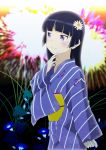  1girl black_hair fireworks flower gokou_ruri hair_flower hair_ornament japanese_clothes kimono long_hair ore_no_imouto_ga_konna_ni_kawaii_wake_ga_nai violet_eyes wanco yukata 