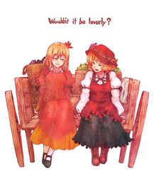  2girls aki_minoriko aki_shizuha basket blonde_hair blush boots closed_eyes dress english food fruit grapes hat leaf maple_leaf multiple_girls short_hair siblings simple_background sisters sitting smile terajin touhou towel white_background 