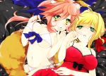  2girls animal_ears bikini blonde_hair breasts caster_(fate/extra) cleavage fate/extra fate_(series) fox_ears fox_tail green_eyes hair_ribbon hanata multiple_girls pink_hair ribbon saber_extra swimsuit tail twintails under_boob yellow_eyes 