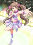  armpits boots bow bracelet brown_eyes brown_hair foreshortening hair_bow hakozaki_serika idolmaster idolmaster_million_live! jewelry knee_boots long_hair microphone midriff navel outstretched_hand poponpin stage stage_lights standing_on_one_leg twintails very_long_hair 