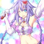  1girl :d alternate_costume arm_up bare_shoulders blue_eyes braid breasts choujigen_game_neptune cleavage elbow_gloves gloves hair_ornament heart long_hair microphone midriff minagi navel neptune_(choujigen_game_neptune) open_mouth purple_hair purple_heart smile solo symbol-shaped_pupils twin_braids very_long_hair wink 
