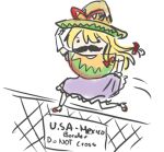  1girl blonde_hair chain-link_fence chibi drawfag facial_hair gloves jumping lowres mexican mustache pantyhose poncho solo sombrero touhou white_legwear yakumo_yukari 