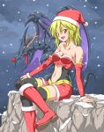  1girl black_legwear blonde_hair breasts christmas cold dragon duel_monster hat highres lady_of_d midriff ozaneko red_eyes red_eyes_black_dragon santa_hat sitting snow thigh-highs yuu-gi-ou 